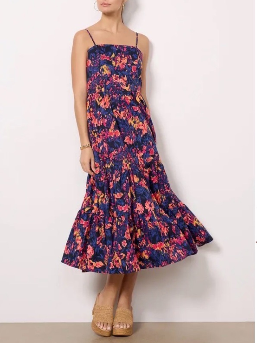 Evereve - Norah Colorful Floral Tiered Spaghetti Strap Light Midi Dress Size XS